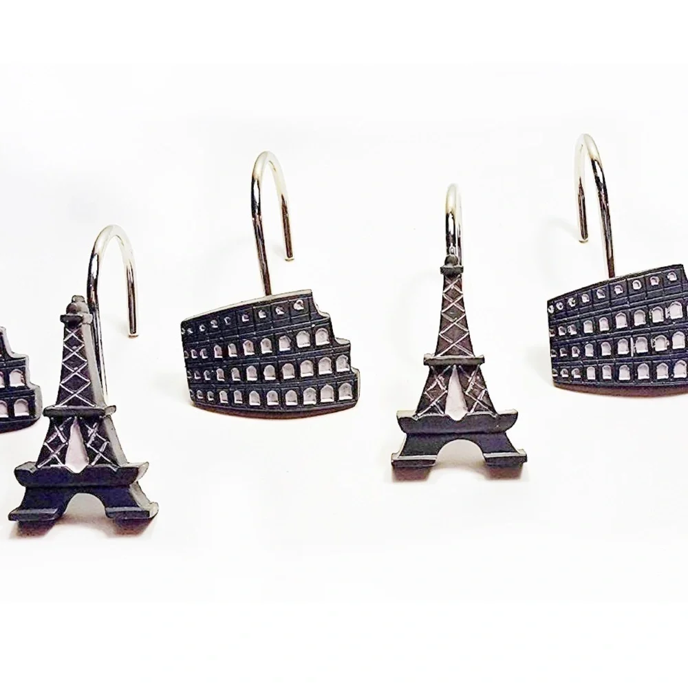 Paris Eiffel Tower Shower Curtain Hooks Silver Black Gray Set of 12